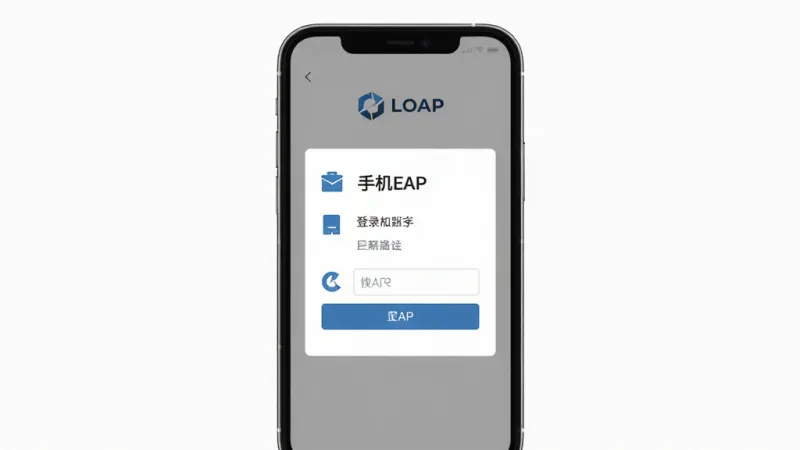 手机EAP登录界面展示图,主体为手机屏幕居中显示登录框,布局简洁上下结构,排版左侧功能图标右侧文字说明,风格扁平化商务,细节包含企业logo与输入框,画质清晰干净无多余元素