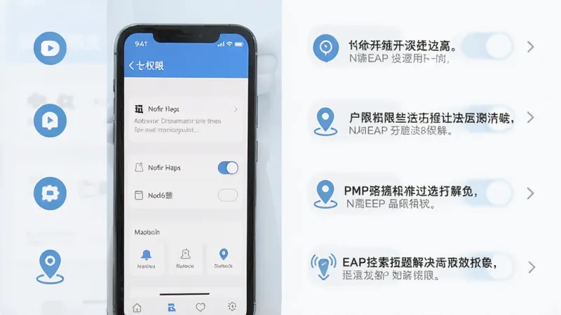 手机EAP常见问题解决示意图,主体为手机屏幕显示设置与权限页面,布局左右分栏左侧图标右侧说明,排版整齐,风格清爽浅色,细节包含通知开关与定位图标,画质清晰干净无多余元素