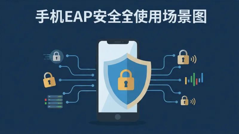 手机EAP安全使用场景图,主体为手机与盾牌组合居中,布局上下结构上方标题下方要点,排版简洁,风格商务扁平,细节包含锁形图标与数据线条,画质清晰干净无多余元素
