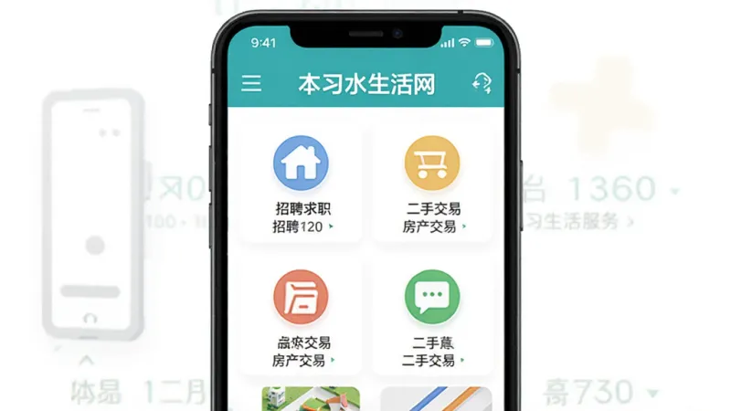习水生活网安卓版首页功能界面预览图，主体为手机屏幕展示本地生活服务分类，布局为居中手机模型，排版简洁清晰，风格为现代扁平化设计，细节包含招聘求职、房产交易、二手交易图标，画质高清干净无多余元素