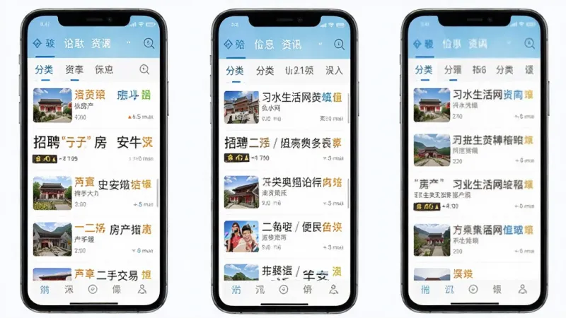 习水生活网安卓版本地资讯与便民信息页面预览图，主体为手机界面展示资讯列表和分类导航，布局为多屏并列展示，排版整齐有序，风格为清爽浅色系设计，细节包含招聘、房产、二手交易标签，画质清晰干净无多余元素