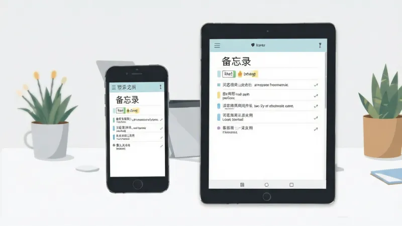 备忘录记事多设备云同步场景示意，手机与平板并排展示同步笔记内容，简洁办公桌面背景，扁平插画风格，构图清晰，画质干净，无多余元素