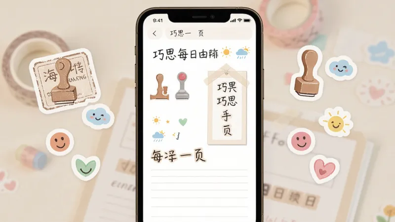 主体是手机屏幕展示巧思手账每日一页界面,布局为居中手机加左右悬浮贴纸和心情图标,排版简洁上下留白,风格温暖治愈手账风,细节包括印章、天气小图标、横线书写区,画质清晰干净无多余元素