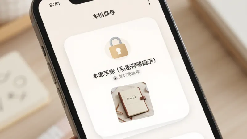 主体是手机屏幕展示巧思手账私密存储提示页面配锁形图标,布局为居中卡片式排版,风格安心简洁浅色调,细节包括本机保存字样和手账本缩略图,画质清晰干净无多余元素