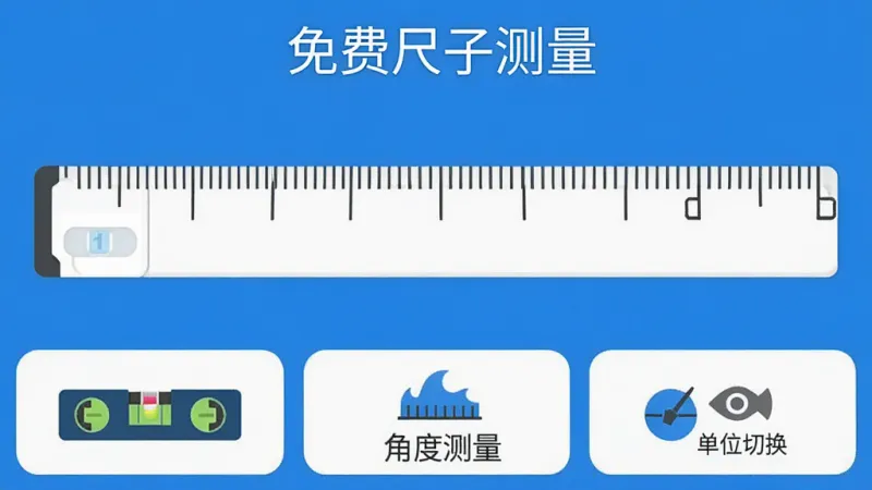 手机应用主界面截图风格，顶部显示软件名称“免费尺子测量”，中间是虚拟尺子刻度区域，下方排列着水平仪、角度测量、单位切换等图标按钮，整体采用蓝白配色，界面清爽，图标简洁，扁平化设计风格，画质清晰，布局规整