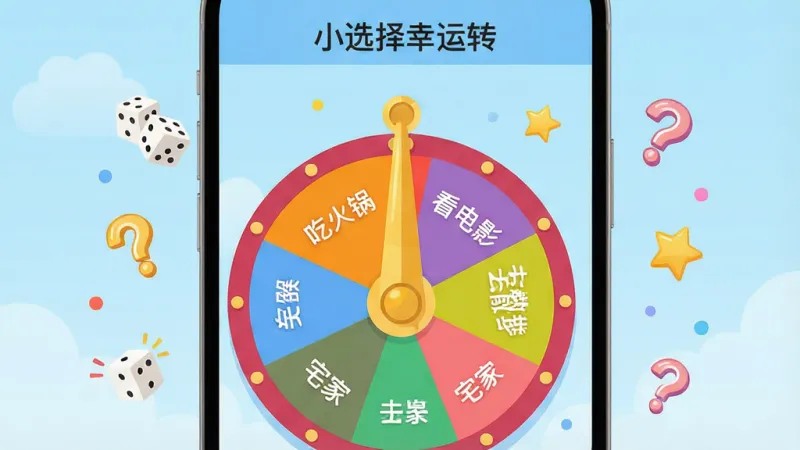 一张展示“小选择幸运转”应用主界面的手机截图风格插画,画面中心是色彩鲜艳的圆形幸运转盘,转盘被分成多个彩色扇形区域,每个区域写有“吃火锅”“看电影”“去散步”“宅家”等生活选项,转盘顶部有金色指针,背景是柔和的浅蓝色渐变,周围漂浮着骰子、问号、星星等趣味小图标,整体风格活泼明快,扁平化设计,画质清晰干净,无多余元素,图片中文字“小选择幸运转”位于顶部标题栏
