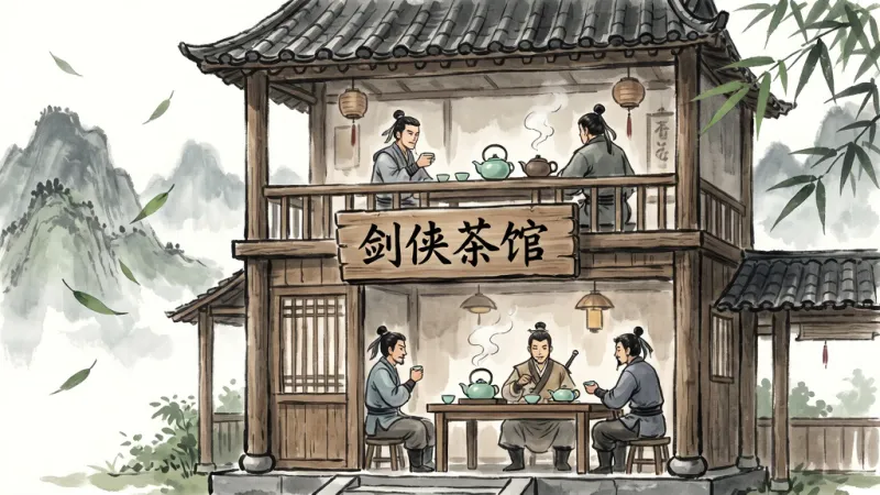 一幅古朴雅致的中式茶馆场景插画,画面中央是一间两层木质茶馆,门前挂着写有“剑侠茶馆”字样的木质招牌,茶馆内几位身着古装的侠客围坐品茶,桌上摆放着青瓷茶具与热气腾腾的茶壶,背景是远山如黛与飘落的竹叶,整体采用水墨淡彩风格,布局层次分明,细节丰富,画质清晰干净,无多余元素