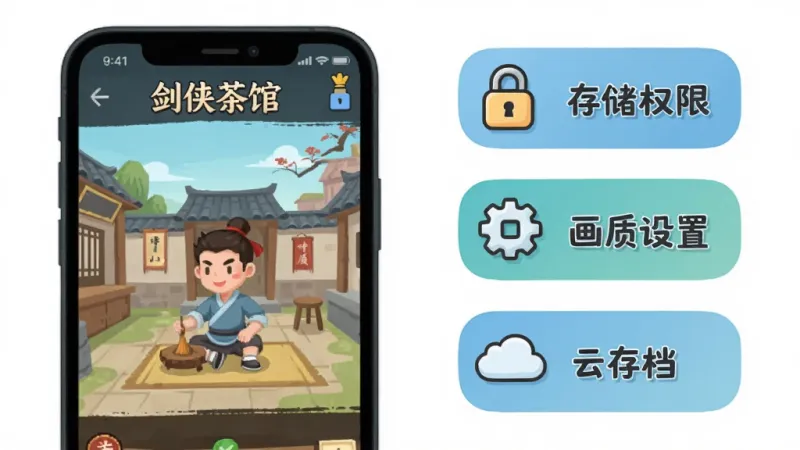 一部智能手机屏幕上显示“剑侠茶馆”游戏界面,画面旁边有卡通风格的提示图标,分别标注“存储权限”“画质设置”“云存档”等字样,整体采用扁平化插画风格,布局简洁明了,色调清爽,画质干净无杂乱元素