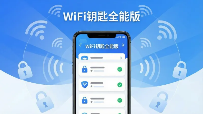 画面主体是一部竖屏安卓手机,屏幕中央展示WiFi钥匙全能版的无线热点列表界面,上方有醒目的软件名称文字“WiFi钥匙全能版”,周围环绕若干半透明WiFi信号图标与密码锁图标;布局采用手机居中、功能图标环绕的放射式构图;排版上软件名称置于画面顶部居中,手机屏幕内容清晰可见;风格为清爽科技感扁平插画,蓝白配色为主;细节包括渐变背景、细线信号波纹、圆角卡片列表、小锁与对勾标识;画质高清,画面干净,无多余元素