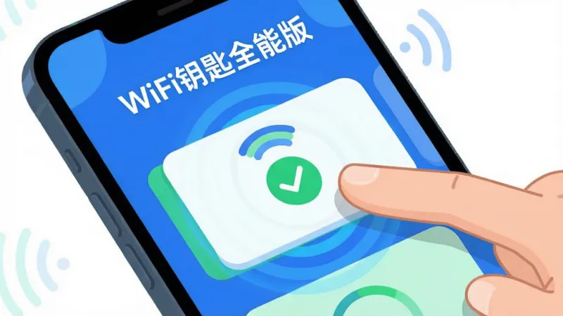 手机屏幕特写,展示WiFi钥匙全能版的一键连接动画界面,画面中有“WiFi钥匙全能版”字样,一只卡通手指点击热点卡片,卡片周围有蓝色光晕与连接成功的绿色对勾;布局为手机斜置于画面中央,手指从右侧伸入点击;排版简洁,软件名在屏幕顶部;风格为明快扁平插画,蓝绿配色;细节包括信号波纹、进度圆环、圆角卡片;画质清晰,画面干净,无多余元素