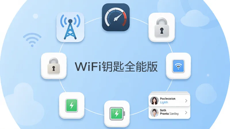 画面主体为WiFi钥匙全能版的功能图标组合,中央是软件名称“WiFi钥匙全能版”,四周分布信号塔、测速仪表盘、锁形图标、电池图标与热点列表小卡片;布局为圆形环绕式排版;风格为简洁矢量插画,浅蓝渐变背景;细节包括细线连接、圆角图标、柔和阴影;画质高清,画面干净,无多余元素