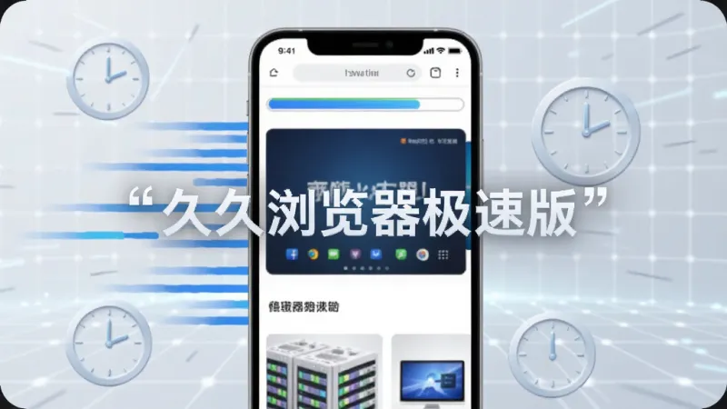 一部手机屏幕中网页进度条快速走满,页面内容瞬间呈现,手机后方有速度线条和时钟图标,背景为浅色科技感网格,画面中央用引号标注“久久浏览器极速版”字样,风格简洁现代,画质干净清晰