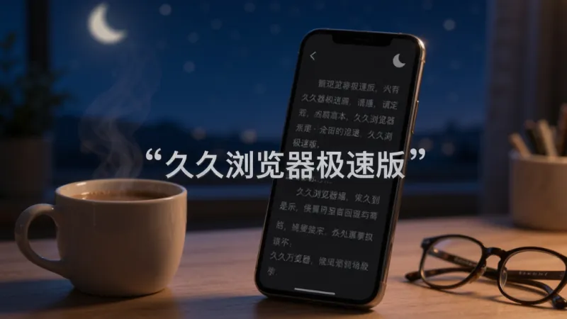 手机屏幕显示深色背景的阅读页面,文字为浅灰色,右上角有月亮图标,手机旁边放着一杯热饮和眼镜,背景为深蓝色夜晚氛围,画面中央用引号标注“久久浏览器极速版”,风格温馨安静,画质清晰干净