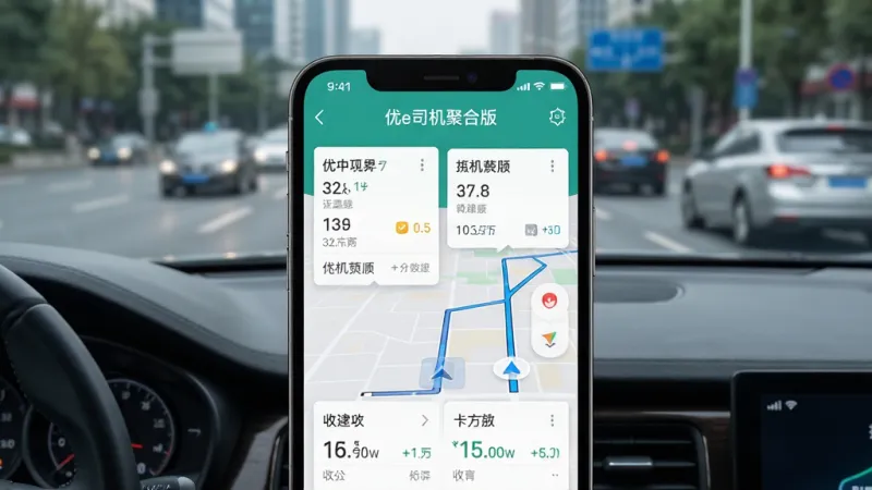 画面主体为一辆行驶在城市道路上的网约车,车内中控台手机屏幕显示