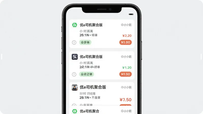 画面主体为手机屏幕中排列整齐的多平台订单卡片,布局为居中对称式排版,风格为简洁扁平化UI设计,细节包括订单距离标签、时间标签、价格标签与