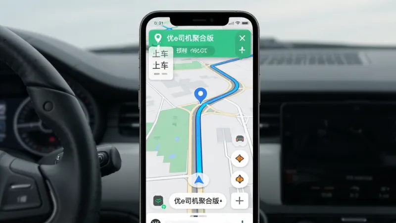 画面主体为手机导航界面显示行驶路线与
