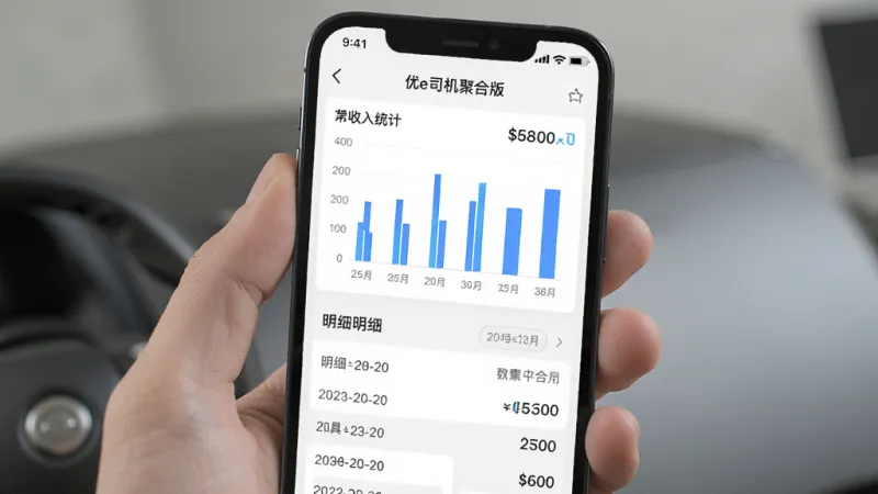画面主体为手机屏幕展示收入统计图表与