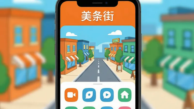 一张展示美条街软件主界面的手机屏幕渲染图，画面中央是色彩明快的卡通街区场景，多个圆角图标整齐排列在屏幕下方，顶部有美条街文字标识，整体采用扁平插画风格，配色以橙蓝绿为主，细节干净，画质清晰，无多余元素