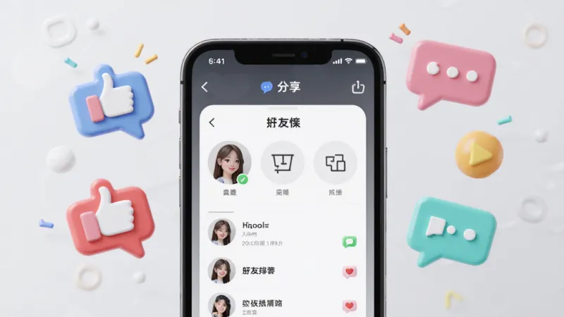 美条街社交分享功能展示图，画面中一部手机屏幕显示分享面板与好友排行榜，周围有卡通风格的点赞图标和对话气泡，背景为浅灰色，整体排版清晰，风格活泼，画质细腻