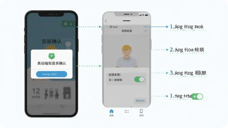美条街移动端安装与权限设置示意图，画面展示手机屏幕上的安装确认弹窗与权限开关界面，旁边有简洁的步骤标注线，风格为扁平化信息图，配色清爽，排版规整，画质清晰