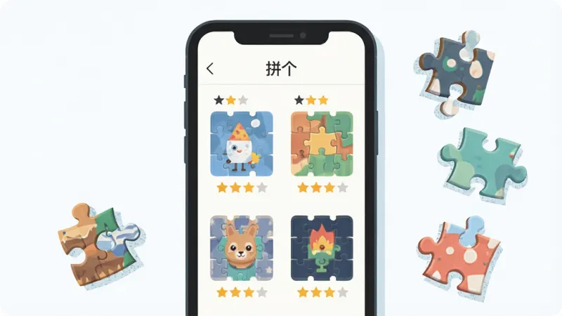 一张表现「拼个」轻量拼图玩法的插画，画面主体是一部手机正在显示拼图关卡选择界面，界面中排列着多张不同主题的拼图缩略图，旁边有难度星级标识，手机旁放着几块拼图碎片，布局为居中构图，风格为清爽明亮的扁平插画，细节包括缩略图边框、星级图标、拼图碎片的边缘纹路，画质清晰干净，无多余元素