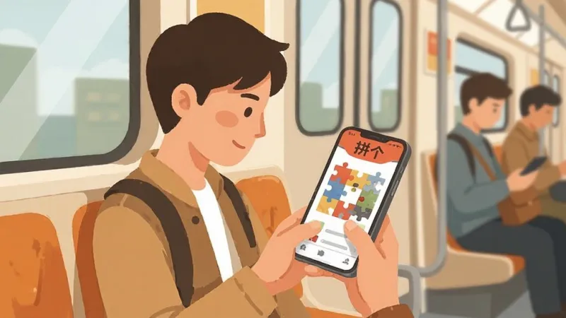 一张表现「拼个」离线畅玩场景的插画，画面主体是一个人坐在地铁车厢里低头看手机，手机屏幕上显示「拼个」的拼图游戏界面，周围乘客模糊处理作为背景，布局为人物居中偏左、手机屏幕为视觉焦点，风格为温暖生活化的扁平插画，细节包括地铁座椅、车窗、人物手部动作、手机屏幕上的拼图碎片，画质清晰干净，无多余元素
