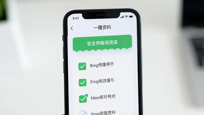 克隆资料一键管家安全传输场景展示，主体为手机屏幕显示传输完成勾选核对清单，布局为手机居中特写，排版干净利落，风格为清爽浅色系，细节包含绿色对勾和文件图标，画质高清干净无多余元素