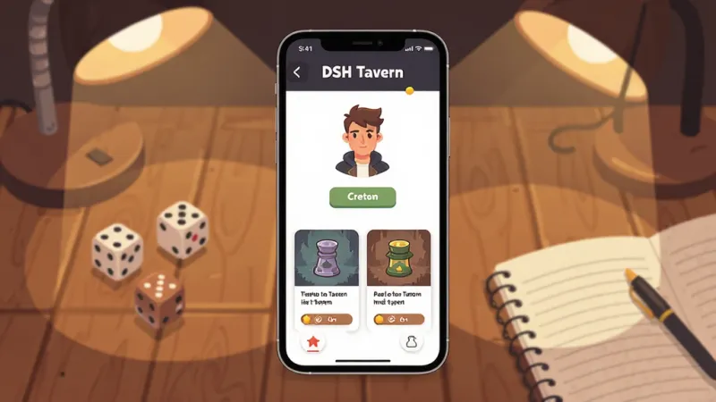 一张展示DSH Tavern应用主界面的场景图，画面中央是手机屏幕，屏幕内显示角色创建界面与剧情选择卡片，背景为温馨的桌面氛围，摆放着骰子与笔记本，布局上手机居中、周围元素环绕点缀，风格为现代扁平插画，细节包含柔和的暖色灯光与木质纹理，画质清晰干净，画面中文字为