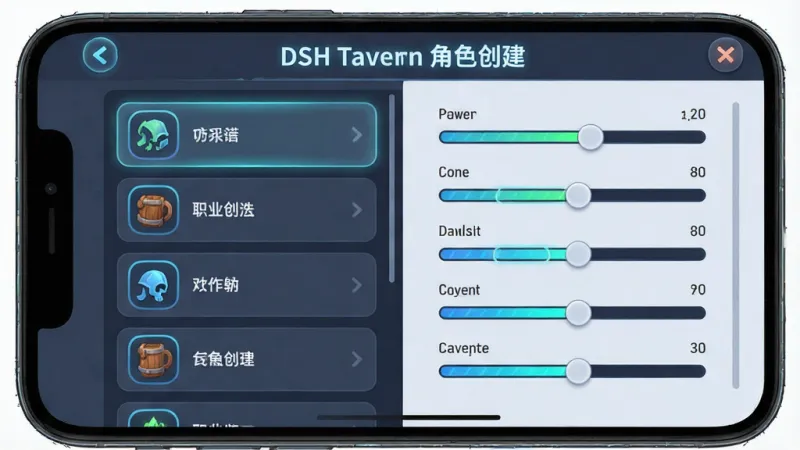 一张展示DSH Tavern角色创建界面的示意图，画面主体为手机屏幕中的角色属性面板，左侧为职业选择列表，右侧为属性数值滑块，布局采用左右分栏结构，风格为科技感轻拟物设计，细节包含发光的进度条与图标，画质清晰干净，画面中文字为