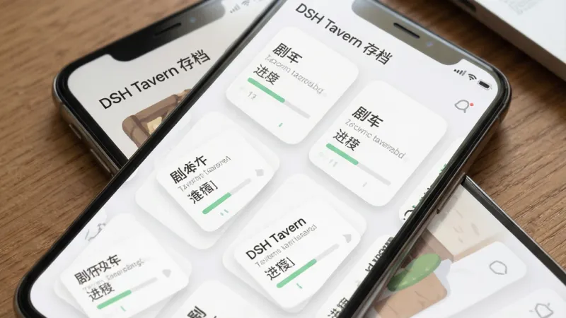 一张展示DSH Tavern存档管理界面的场景图，画面为手机屏幕特写，屏幕内显示多个存档卡片排列成网格状，每张卡片包含剧本名称与进度条，布局上手机倾斜放置于桌面，风格为简约清新的界面设计，细节包含柔和的阴影与圆角卡片，画质清晰干净，画面中文字为