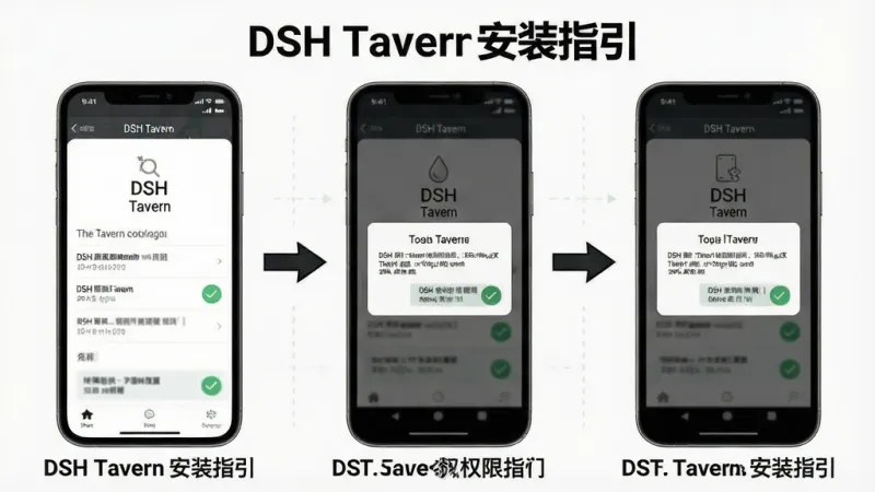一张展示DSH Tavern安装与权限设置流程的示意图，画面为手机屏幕分步骤展示安装界面与权限弹窗，布局采用三格横向排列展示操作步骤，风格为简洁的步骤说明图，细节包含勾选标记与箭头指示，画质清晰干净，画面中文字为