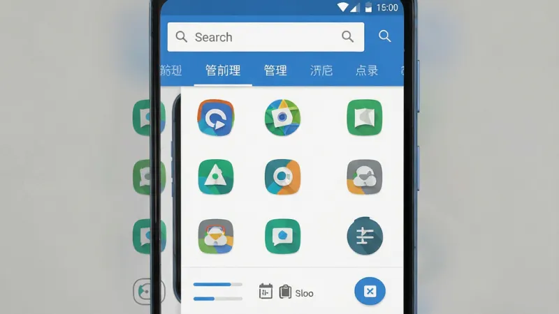 一张安卓手机界面展示应用管理工具主页面，画面中央是整齐排列的应用图标网格，顶部有搜索框与分类标签，整体布局清晰，风格为现代扁平化设计，细节包括存储占用进度条与批量选择按钮，画质干净清晰，无多余元素