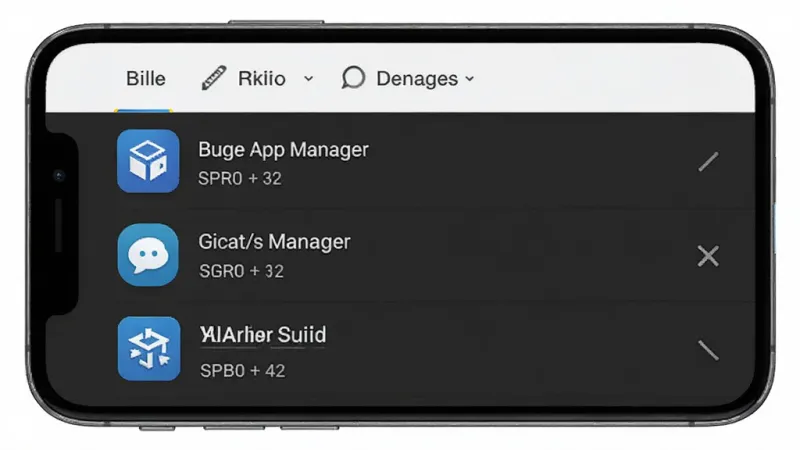 Buge App Manager 应用列表界面截图风格，画面主体为手机屏幕内排列整齐的应用条目，每条包含图标、名称与大小信息，布局采用列表式排版，风格简洁商务，细节清晰，画质干净