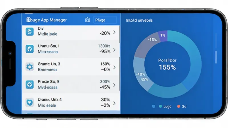 Buge App Manager 后台监控功能示意图，画面展示手机屏幕内后台进程列表与内存占用环形图，布局为上下结构，风格为科技蓝配色，细节包括进程名称与占用百分比，画质清晰干净