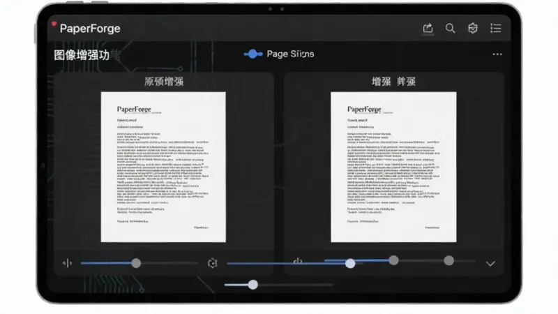 PaperForge 应用内图像增强功能展示，屏幕上并排显示同一张文档的原图与增强后效果对比，界面带有调节滑块，风格简约科技感，画质清晰干净