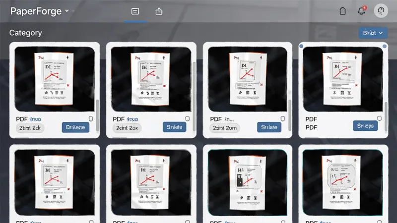 PaperForge 文档管理列表界面，展示多个PDF缩略图卡片，带有分类标签与导出按钮，布局整齐，风格商务简洁，画质干净无多余元素