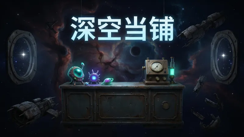 画面主体为一间漂浮在深空中的复古当铺柜台，柜台上摆放着发光的奇异外星物品和一台老式鉴定仪器，背景是巨大的星云与飞船残骸，布局采用中心对称构图，排版上游戏标题“深空当铺”以发光字体悬浮于画面上方，风格为暗色调科幻写实，细节包括金属柜台纹理、物品散发的微光、舷窗外闪烁的星辰，画质高清，画面干净，无多余元素