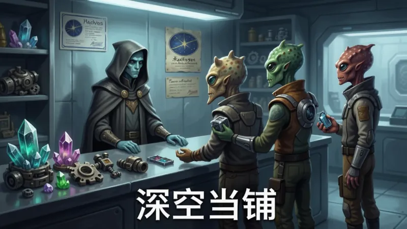 画面展示一间充满未来感的当铺内部，柜台后站着一位身穿斗篷的店主，面前是三位外形各异的外星顾客正在展示物品，布局为横向展开的店铺场景，排版上画面下方有“深空当铺”字样，风格为科幻插画风格，细节包括顾客的异星特征、柜台上陈列的发光矿石与机械零件、墙上悬挂的星际执照，画质精细，画面干净，无多余元素