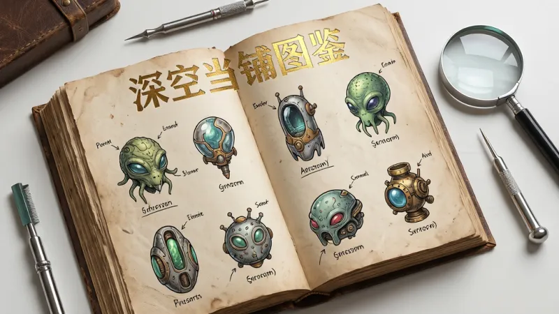 画面主体为一本摊开的厚重图鉴，书页上绘制着各种外星物品的精细插图，旁边放置着放大镜和鉴定工具，布局为桌面俯视视角，排版上图鉴标题“深空当铺图鉴”以烫金字体印在书页顶部，风格为复古科幻手账风格，细节包括纸张纹理、物品标注线条、工具金属反光，画质清晰，画面干净，无多余元素
