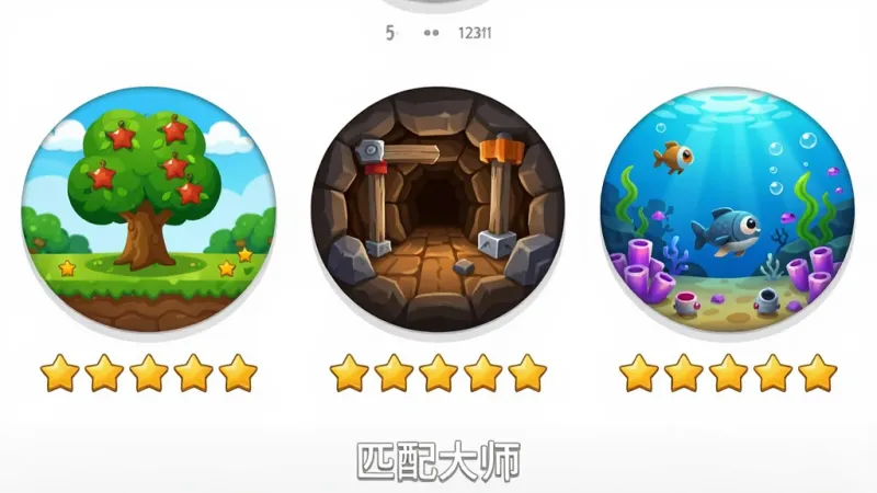 画面主体是多个不同主题的游戏关卡场景图标并排展示，包括果园、矿洞、海底三个圆形图标；布局为三列横向排列，图标下方有星级评价标识；风格为扁平化休闲游戏UI设计；细节上每个图标配色鲜明、主题元素清晰可辨、星级用金色实心星表示；画质高清、背景干净、无多余元素，画面中带