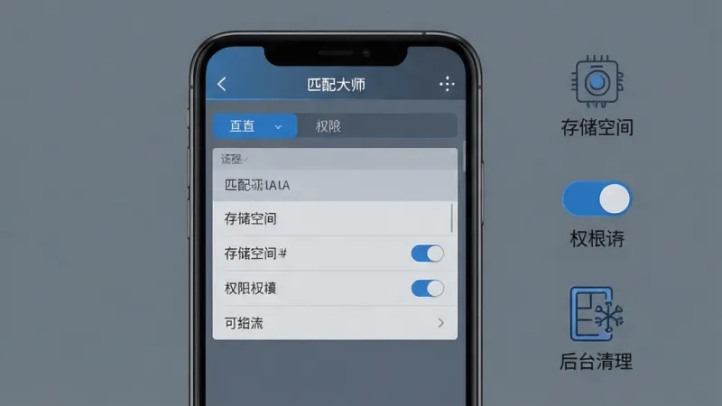 画面主体是一部手机屏幕显示游戏设置界面，旁边有存储空间、权限开关、后台清理三个功能图标；布局为手机居中、图标纵向排列在右侧；风格为简洁科技感UI示意；细节上图标采用线性描边风格、配色为蓝灰搭配、界面文字清晰；画质高清、画面干净、无多余元素，界面顶部带