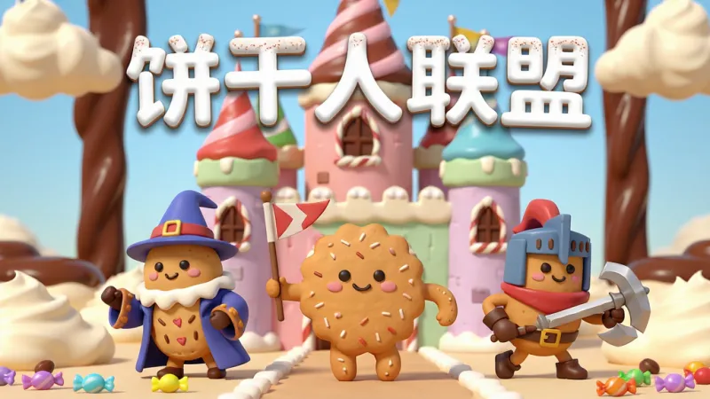 画面主体为一群圆润可爱的饼干人角色并排站立在糖果色城堡前，中央饼干人手持小旗，左右两侧分别有法师饼干与战士饼干摆出战斗姿态，背景是奶油云朵与巧克力河流。布局采用横向宽幅构图，人物居中偏下，上方留出天空与标题区域。排版上在画面上方居中放置大号白色立体字“饼干人联盟”，字体圆润带糖霜质感。风格为3D卡通渲染，色彩明亮柔和，细节包含饼干表面的糖粒纹理、城堡窗户的糖霜装饰、地面散落的彩色糖果。画质高清，画面干净，无多余元素。