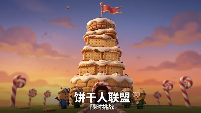画面主体为一座多层挑战塔外观，塔身由饼干与奶油堆叠而成，塔顶有旗帜飘扬，塔前站着准备进入的饼干人小队，背景为黄昏天空。布局为纵向高塔构图，塔身占据画面中央，角色位于塔底入口处。排版上画面底部居中放置白色字“饼干人联盟”与“限时挑战”小字。风格为奇幻卡通3D，细节包含塔身的饼干砖块纹理、旗帜的布料褶皱、天空的渐变晚霞。画质精美，画面干净，无多余元素。