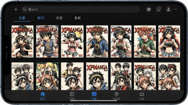 一张展示 XPManga 软件主界面的手机屏幕截图，画面中央是整齐排列的漫画封面网格，顶部有搜索栏和分类标签，底部为导航菜单，整体采用深色护眼背景，风格简洁现代，细节清晰，画质干净，无多余元素