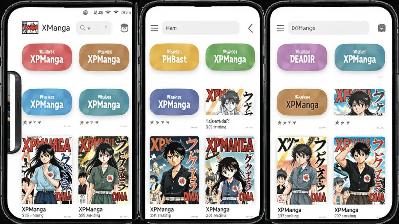 一张 XPManga 漫画分类页面的手机界面图，画面中展示多个彩色分类标签和漫画封面缩略图，布局整齐，风格清新明亮，细节丰富，画质清晰，无多余元素