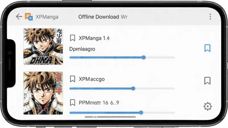 一张展示 XPManga 离线下载管理界面的手机截图，画面中列出多个已缓存漫画章节及下载进度条，旁边有书签图标标记，界面布局清晰，风格简约，画质干净，无多余元素