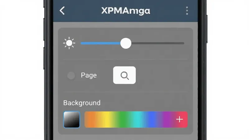 一张 XPManga 阅读设置面板的手机界面图，画面中显示亮度滑块、翻页方向选项和背景颜色选择器，排版工整，风格清爽，细节明确，画质干净，无多余元素