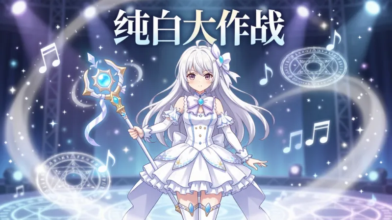 画面中央一位身穿纯白色魔法少女裙的动漫少女手持发光法杖，背景是漂浮着音符与魔法阵的梦幻舞台，四周环绕柔和的白色光晕与星光粒子，整体采用日系二次元插画风格，色彩以纯白、淡蓝、浅紫为主，人物立于画面正中，上方留白处写有“纯白大作战”艺术字样，画质高清细腻，画面干净无多余元素