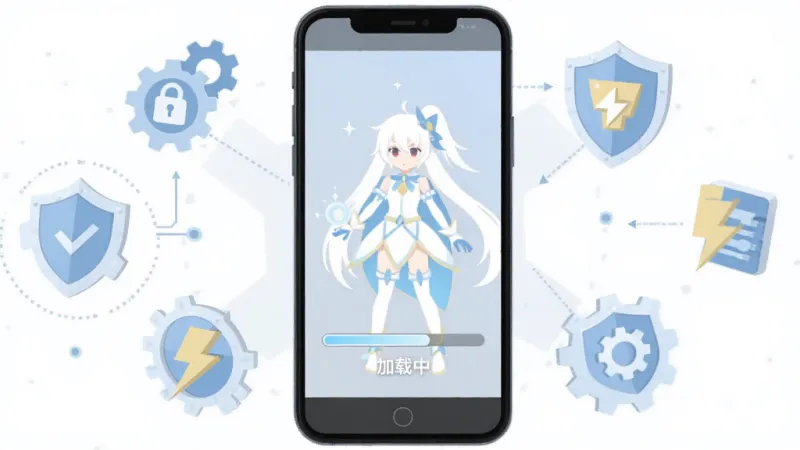 一部智能手机屏幕显示纯白大作战游戏加载界面，画面中央为纯白魔法少女角色立绘，下方有进度条与“加载中”字样，手机周围环绕齿轮、盾牌、闪电等图标代表安装、权限、运行优化等概念，整体采用扁平化信息图风格，色彩以白色、淡蓝色与浅灰色为主，排版清晰，画质干净，无多余元素