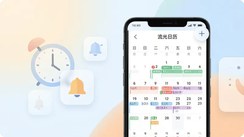 主体为一部安卓手机正面展示日历应用界面，布局采用居中构图，手机屏幕内呈现月视图日历网格与彩色日程标签，排版上手机置于画面中央偏右，左侧留白处浮现半透明的时钟与提醒图标，风格为清爽扁平化UI插画风，细节包括柔和渐变背景、圆角卡片、悬浮加号按钮，画质高清干净，无多余装饰元素，画面中可出现文字“流光日历”
